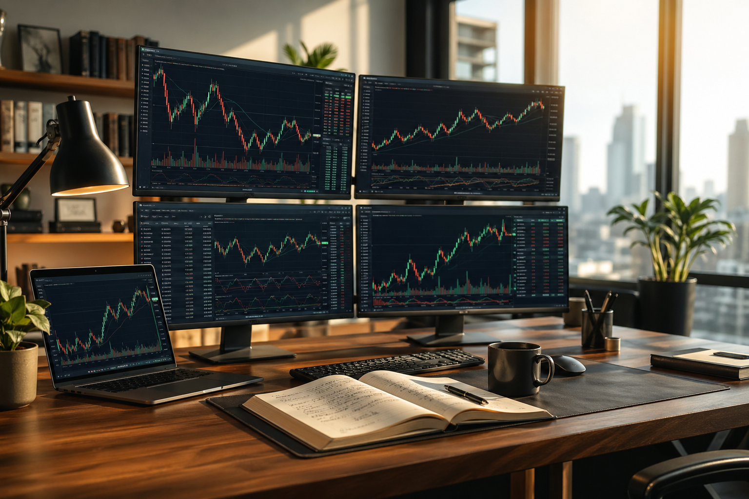Editorial trading workspace with charts, notebook, and market research setup